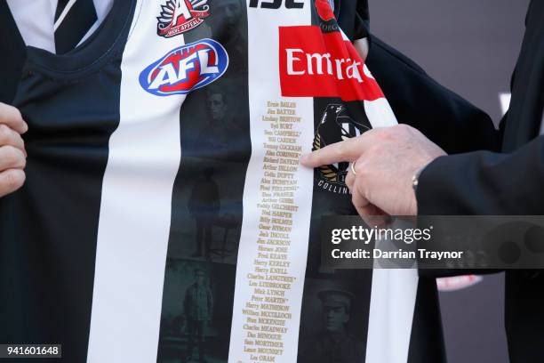 The 2018 Collingwood ANZAC Day jumper is presented during an AFL media opportunity at Melbourne Cricket Ground on April 4, 2018 in Melbourne,...