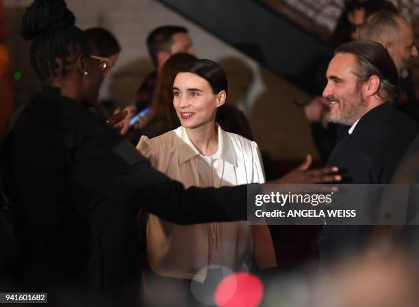 Joaquin Phoenix and Rooney Mara attend the New York special screening of Amazon Studios' "You Were Never Really Here" at Metrograph on April 3, 2018...