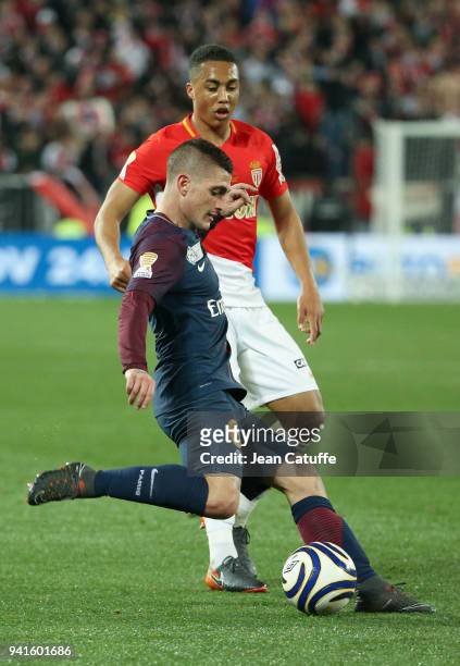 Marco Verratti of PSG, Youri Tielemans of Monaco during the French League Cup final between Paris Saint-Germain and AS Monaco on March 31, 2018 in...