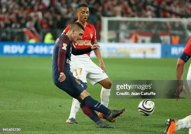 Marco Verratti of PSG, Youri Tielemans of Monaco during the French League Cup final between Paris Saint-Germain and AS Monaco on March 31, 2018 in...