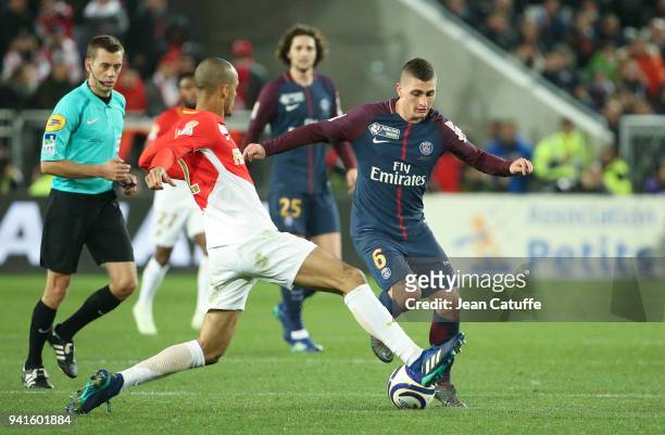 Marco Verratti of PSG, Fabio Henrique Fabinho of Monaco during the French League Cup final between Paris Saint-Germain and AS Monaco on March 31,...