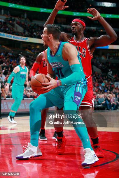Willy Hernangomez of the Charlotte Hornets handles the ball against the Chicago Bulls on April 3, 2018 at the United Center in Chicago, Illinois....