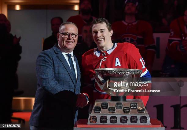 Brendan Gallagher of the Montreal Canadiens named the Canadiens' Molson Cup Player of the Year in a ceremony prior to the NHL game against the...