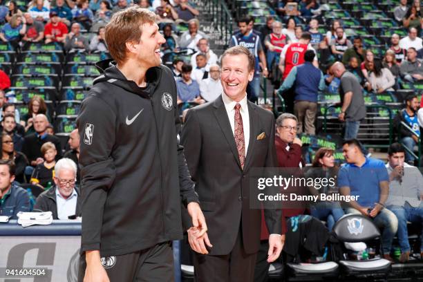 Head coach Terry Stotts of the Portland Trail Blazers with Dirk Nowitzki of the Dallas Mavericks are seen before the game on April 3, 2018 at the...