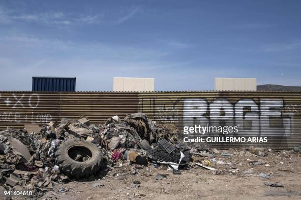 View of the border fence near wall prototypes at the US-Mexico border in Tijuana, northwestern Mexico, on April 3, 2018. President Donald Trump on...