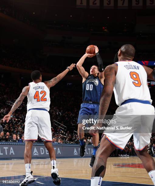 Aaron Gordon of the Orlando Magic shoots the ball against the New York Knicks on April 3, 2018 at Madison Square Garden in New York City, New York....