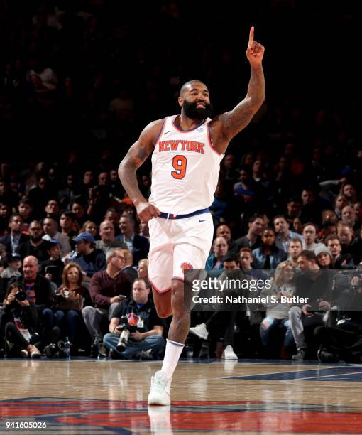 Kyle O'Quinn of the New York Knicks looks on during the game against the Orlando Magic on April 3, 2018 at Madison Square Garden in New York City,...