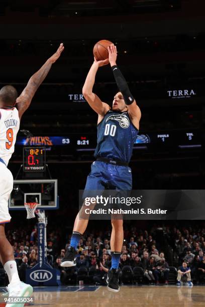 Aaron Gordon of the Orlando Magic shoots the ball against the New York Knicks on April 3, 2018 at Madison Square Garden in New York City, New York....