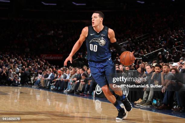 Aaron Gordon of the Orlando Magic drives to the basket against the New York Knicks on April 3, 2018 at Madison Square Garden in New York City, New...