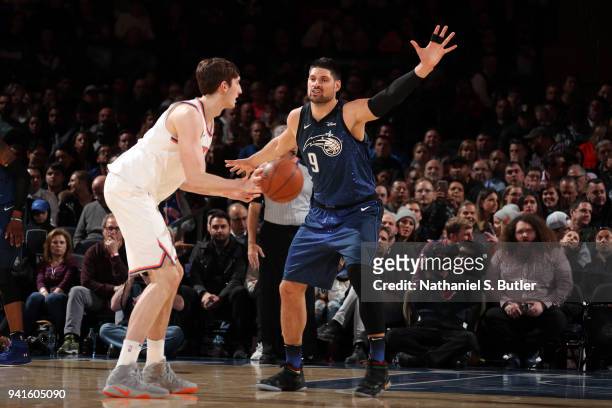 Nikola Vucevic of the Orlando Magic plays defense against the New York Knicks on April 3, 2018 at Madison Square Garden in New York City, New York....