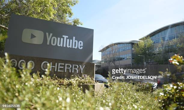 YouTube sign is seen at YouTube's corporate headquarters during an active shooter situation in San Bruno, California on April 03, 2018. Gunshots...