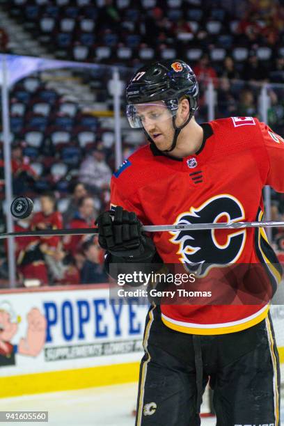 Dougie Hamilton of the Calgary Flames shows his puck handling skills in an NHL game on April 3, 2018 at the Scotiabank Saddledome in Calgary,...