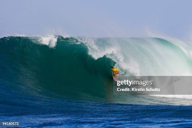 Samantha Cornish of Australia surfs deep inside a barrel at the Billabong Pro Maui, winning her round 1 heat on December 8, 2009 in Honolua Bay,...