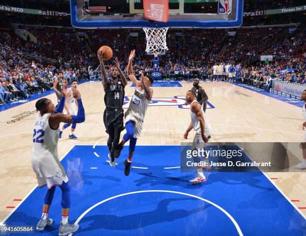 Milton Doyle of the Brooklyn Nets goes up for the layup against the Philadelphia 76ers at Wells Fargo Center on April 3, 2018 in Philadelphia,...