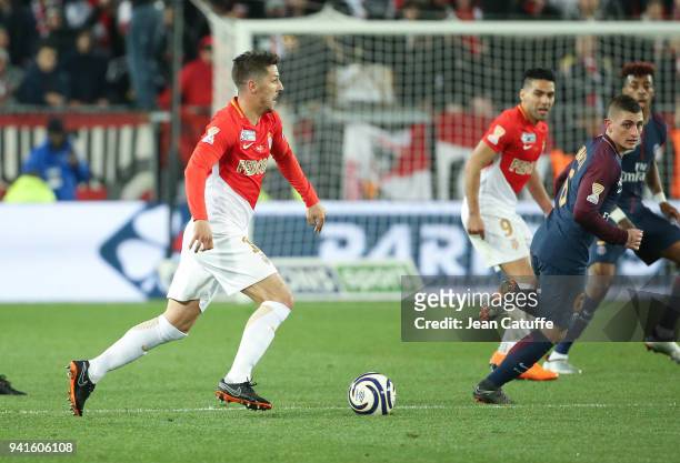 Stevan Jovetic of Monaco, Marco Verratti of PSG during the French League Cup final between Paris Saint-Germain and AS Monaco on March 31, 2018 in...