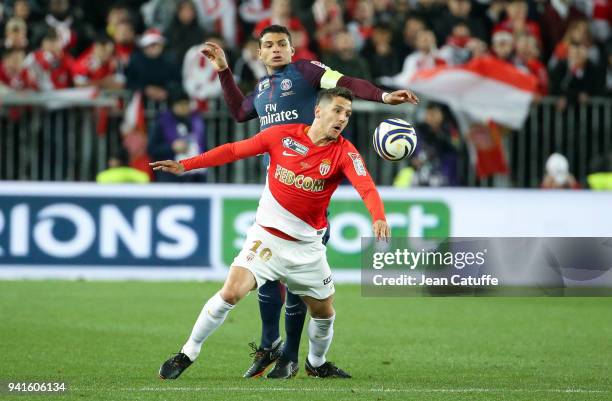 Stevan Jovetic of Monaco, Thiago Silva of PSG during the French League Cup final between Paris Saint-Germain and AS Monaco on March 31, 2018 in...