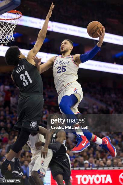 Ben Simmons of the Philadelphia 76ers goes up for a shot against Jarrett Allen of the Brooklyn Nets in the third quarter at the Wells Fargo Center on...