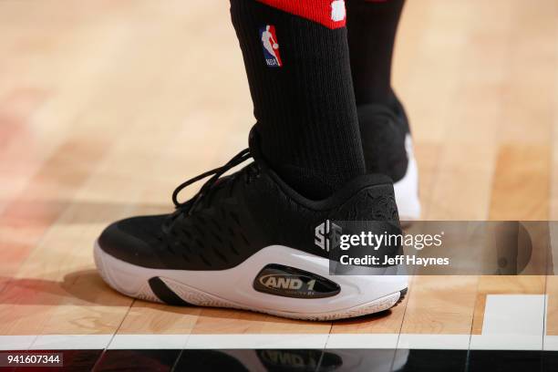 The sneakers of Sean Kilpatrick of the Chicago Bulls are seen during the game against the Charlotte Hornets on April 3, 2018 at the United Center in...