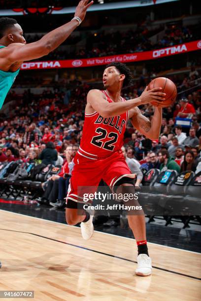 Cameron Payne of the Chicago Bulls handles the ball against the Charlotte Hornets on April 3, 2018 at the United Center in Chicago, Illinois. NOTE TO...