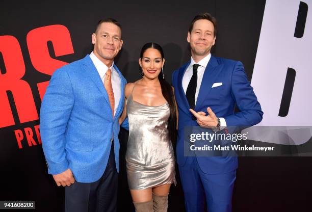 John Cena, Nikki Bella and Ike Barinholtz attend the premiere of Universal Pictures' "Blockers" at Regency Village Theatre on April 3, 2018 in...