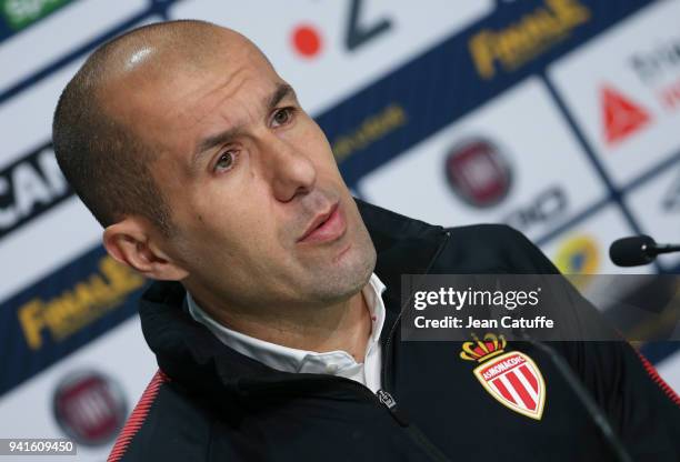 Coach of Monaco Leonardo Jardim anwers to the media following the French League Cup final between Paris Saint-Germain and AS Monaco on March 31, 2018...