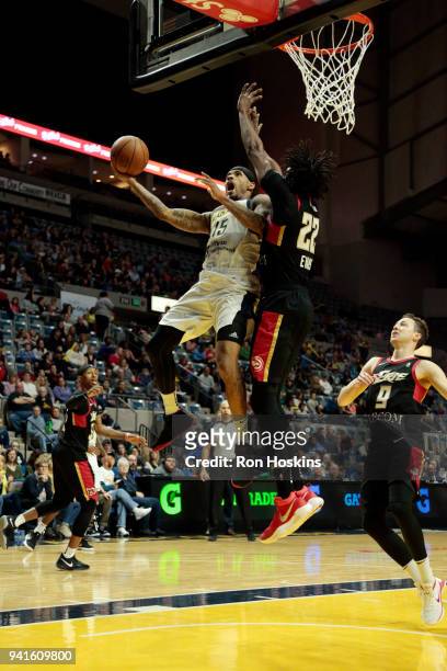 Walt Lemon of the Fort Wayne Mad Ants Jeremy Evans of the Erie Bayhawks in the 2018 Eastern Conference semi-finals of the NBA G League on April 3,...