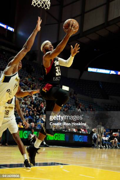 Ike Anigbogu of the Fort Wayne Mad Ants battles Jeremy Hollowell of the Erie Bayhawks in the 2018 Eastern Conference semi-finals of the NBA G League...