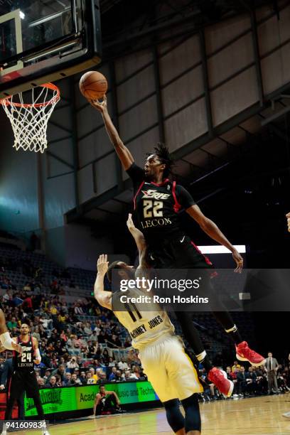 Trey McKinney-Jones of the Fort Wayne Mad Ants battles Jeremy Evans of the Erie Bayhawks in the 2018 Eastern Conference semi-finals of the NBA G...