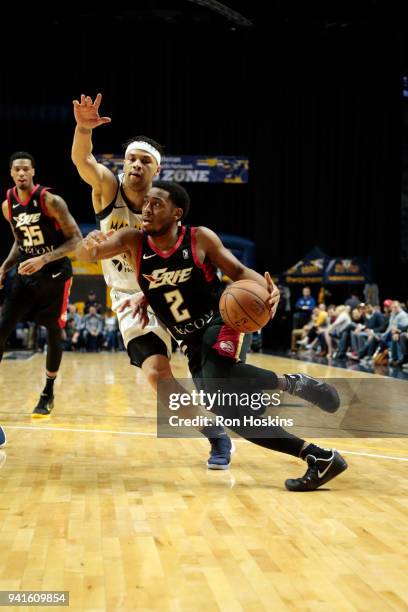 Stephen Hicks of the Fort Wayne Mad Ants battles John Gillin of the Erie Bayhawks in the 2018 Eastern Conference semi-finals of the NBA G League on...