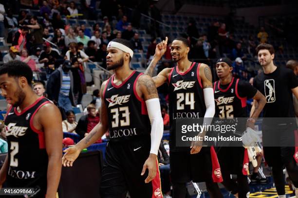 Raphiael Putney of the Erie Bayhawks celebrates after the Jayhawks defeated the Fort Wayne Mad Ants in the 2018 Eastern Conference semi-finals of the...