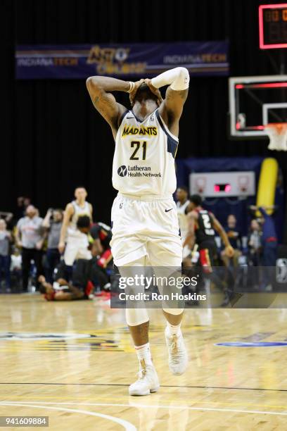 Jamil Wilson of the Fort Wayne Mad Ants reacts after missing a 3 to tie the game against the Erie Bayhawks in the 2018 Eastern Conference semi-finals...