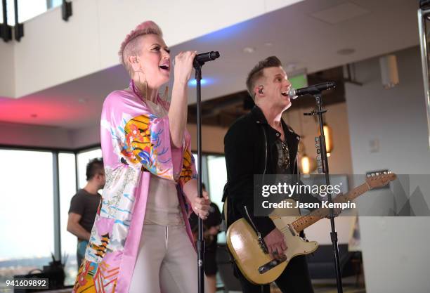 Shawna Thompson and Keifer Thompson of the band Thompson Square perform during a listening event for their new album "Masterpiece" at The Steps at...