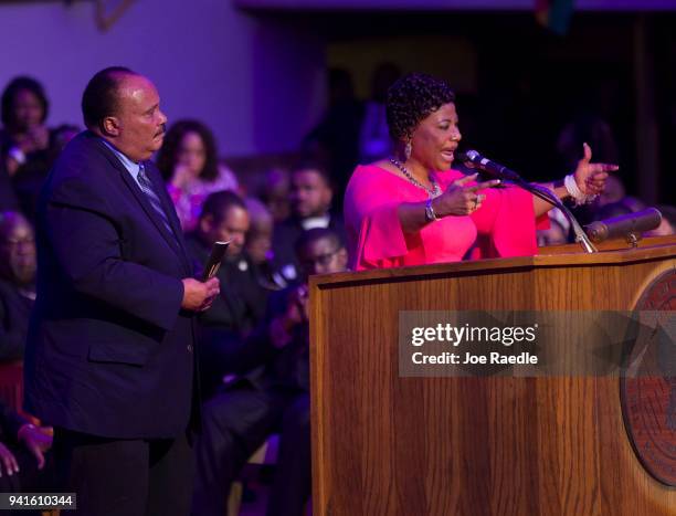 Martin Luther King III and his sister Bernice King address the I AM 2018 "Mountaintop Speech" Commemoration at the Mason Temple Church of God in...