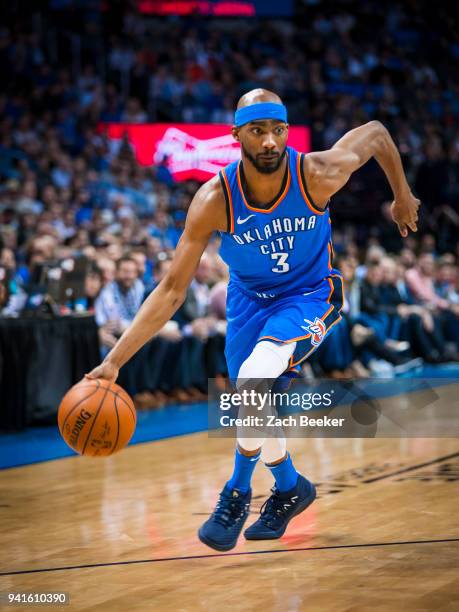 Corey Brewer of the Oklahoma City Thunder moves up the court during the game against the Golden State Warriors on April 3, 2018 at Chesapeake Energy...