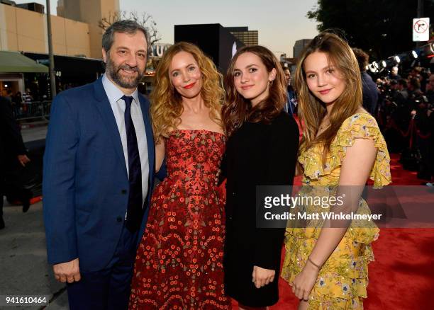 Judd Apatow, Leslie Mann, Maude Apatow and Iris Apatow attend the premiere of Universal Pictures' "Blockers" at Regency Village Theatre on April 3,...