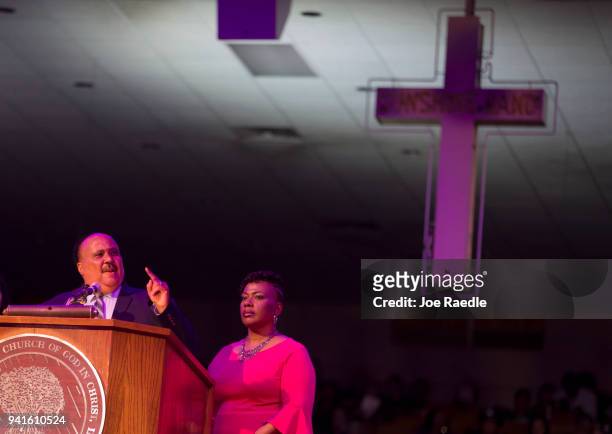 Martin Luther King III and his sister Bernice King address the I AM 2018 "Mountaintop Speech" Commemoration at the Mason Temple Church of God in...