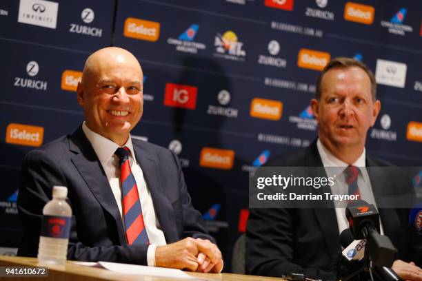 Melbourne Football Club CEO Peter Jackson and Chairman Glen Bartlett are seen making a special announcement in the Melbourne Football Club boardroom...