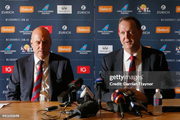 Melbourne Football Club CEO Peter Jackson and Chairman Glen Bartlett are seen making a special announcement in the Melbourne Football Club boardroom...