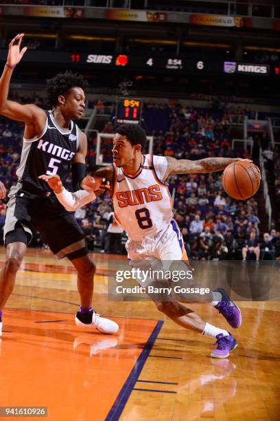 Tyler Ulis of the Phoenix Suns handles the ball during the game against the Sacramento Kings APRIL 3, 2018 at Talking Stick Resort Arena in Phoenix,...