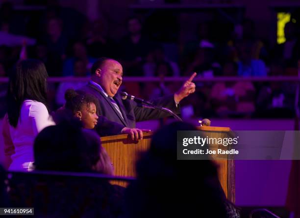 Martin Luther King III address the I AM 2018 "Mountaintop Speech" Commemoration at the Mason Temple Church of God in Christ, the same place his...