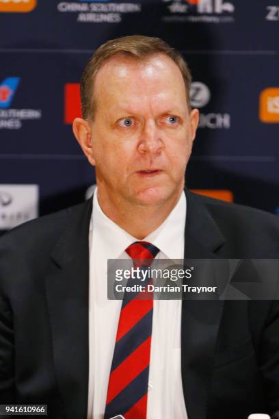 Melbourne Football Club Chairman Glen Bartlett is seen making a special announcement in the Melbourne Football Club boardroom at Melbourne Cricket...
