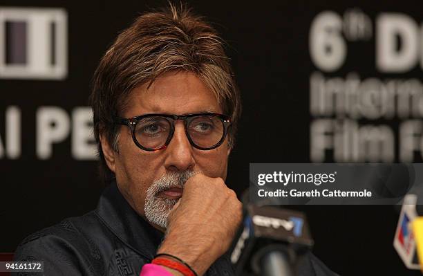 Actor Amitabh Bachchan attends a press conference during day one of the 6th Annual Dubai International Film Festival held at the Madinat Jumeriah...