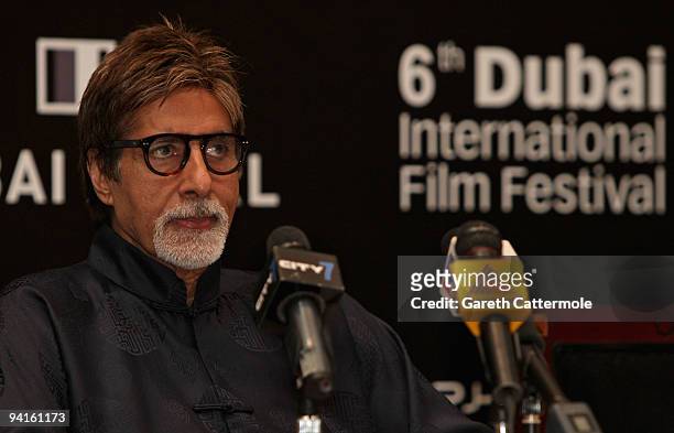 Actor Amitabh Bachchan attends a press conference during day one of the 6th Annual Dubai International Film Festival held at the Madinat Jumeriah...