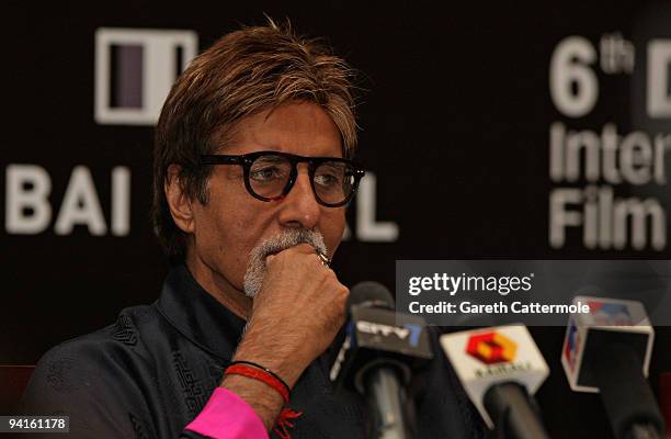 Actor Amitabh Bachchan attends a press conference during day one of the 6th Annual Dubai International Film Festival held at the Madinat Jumeriah...