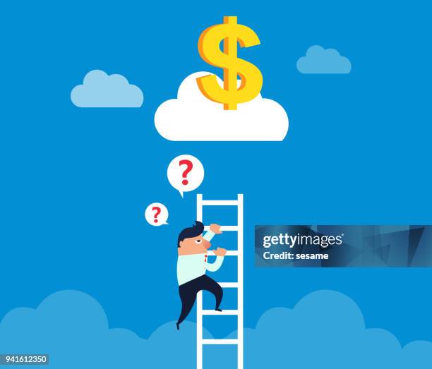 businessman climbs ladder to pick up dollar on cloud - mount disappointment stock illustrations