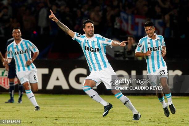 Argentina's Racing Club Alejandro Donatti celebrates after scoring against Chile's Universidad de Chile during their Copa Libertadores 2018 at the...