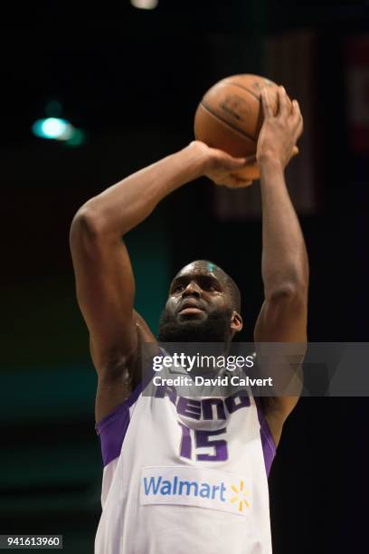 Daniel Ochefu of the Reno Bighorns shoots a free throw against the South Bay Lakers during an NBA G-League game on April 3, 2018 at the Reno Events...