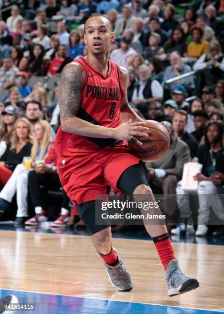 Shabazz Napier of the Portland Trail Blazers handles the ball against the Dallas Mavericks on April 3, 2018 at the American Airlines Center in...