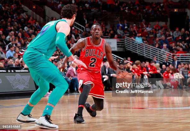 Jerian Grant of the Chicago Bulls handles the ball against the Charlotte Hornets on April 3, 2018 at the United Center in Chicago, Illinois. NOTE TO...