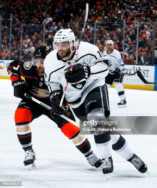 Tobias Rieder of the Los Angeles Kings battles for position against Andrew Cogliano of the Anaheim Ducks during the game on March 30, 2018 at Honda...